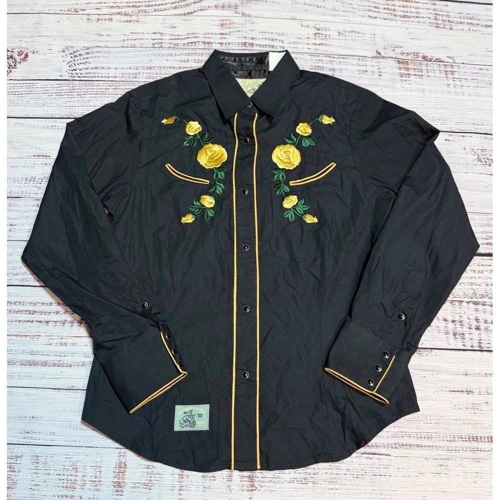 Roper Western Vtg Snap Shirt Medium M Floral Rose Embroidered Black Yellow